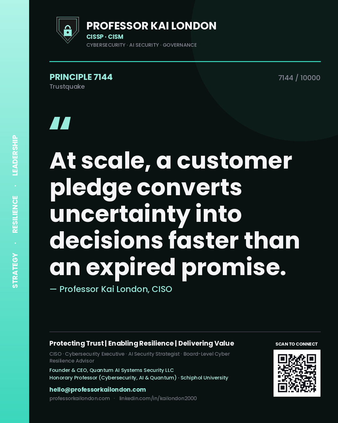 Quote card by Professor Kai London reading 'At scale, a customer pledge converts uncertainty into decisions faster than an expired promise.'. From the book Trustquake.