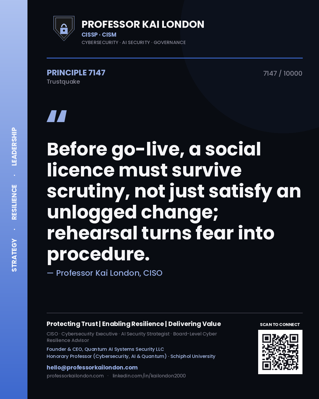 Quote card by Professor Kai London reading 'Before go-live, a social licence must survive scrutiny, not just satisfy an unlogged change; rehearsal turns fear into procedure.'. From the book Trustquake.