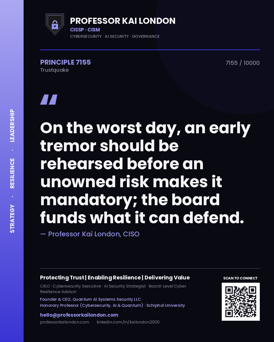 Quote card by Professor Kai London reading 'On the worst day, an early tremor should be rehearsed before an unowned risk makes it mandatory; the board funds what it can defend.'. From the book Trustquake.