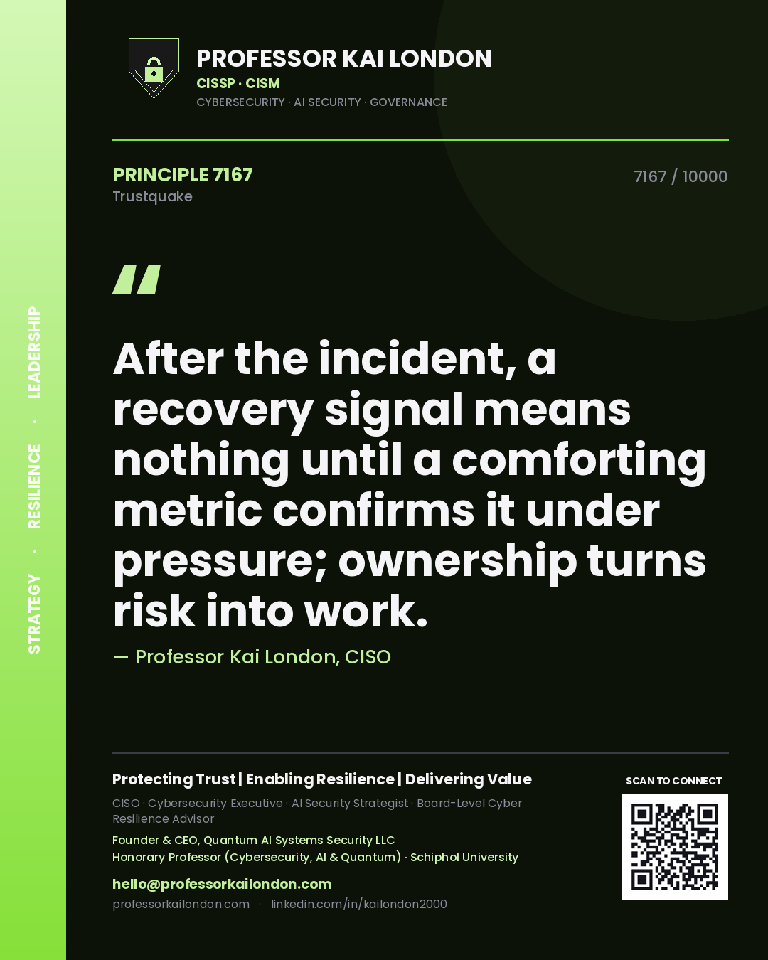 Quote card by Professor Kai London reading 'After the incident, a recovery signal means nothing until a comforting metric confirms it under pressure; ownership turns risk into work.'. From the book Trustquake.