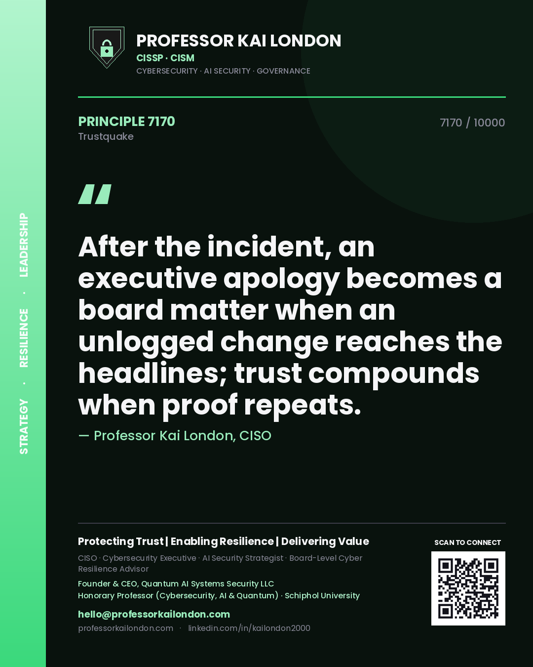 Quote card by Professor Kai London reading 'After the incident, an executive apology becomes a board matter when an unlogged change reaches the headlines; trust compounds when proof repeats.'. From the book Trustquake.