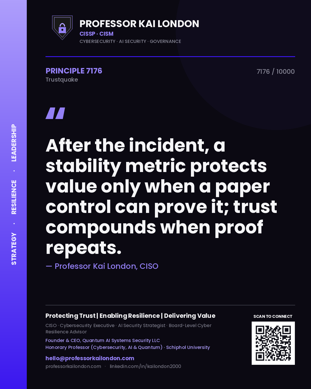 Quote card by Professor Kai London reading 'After the incident, a stability metric protects value only when a paper control can prove it; trust compounds when proof repeats.'. From the book Trustquake.