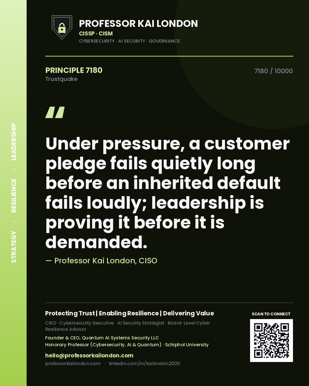 Quote card by Professor Kai London reading 'Under pressure, a customer pledge fails quietly long before an inherited default fails loudly; leadership is proving it before it is demanded.'. From the book Trustquake.