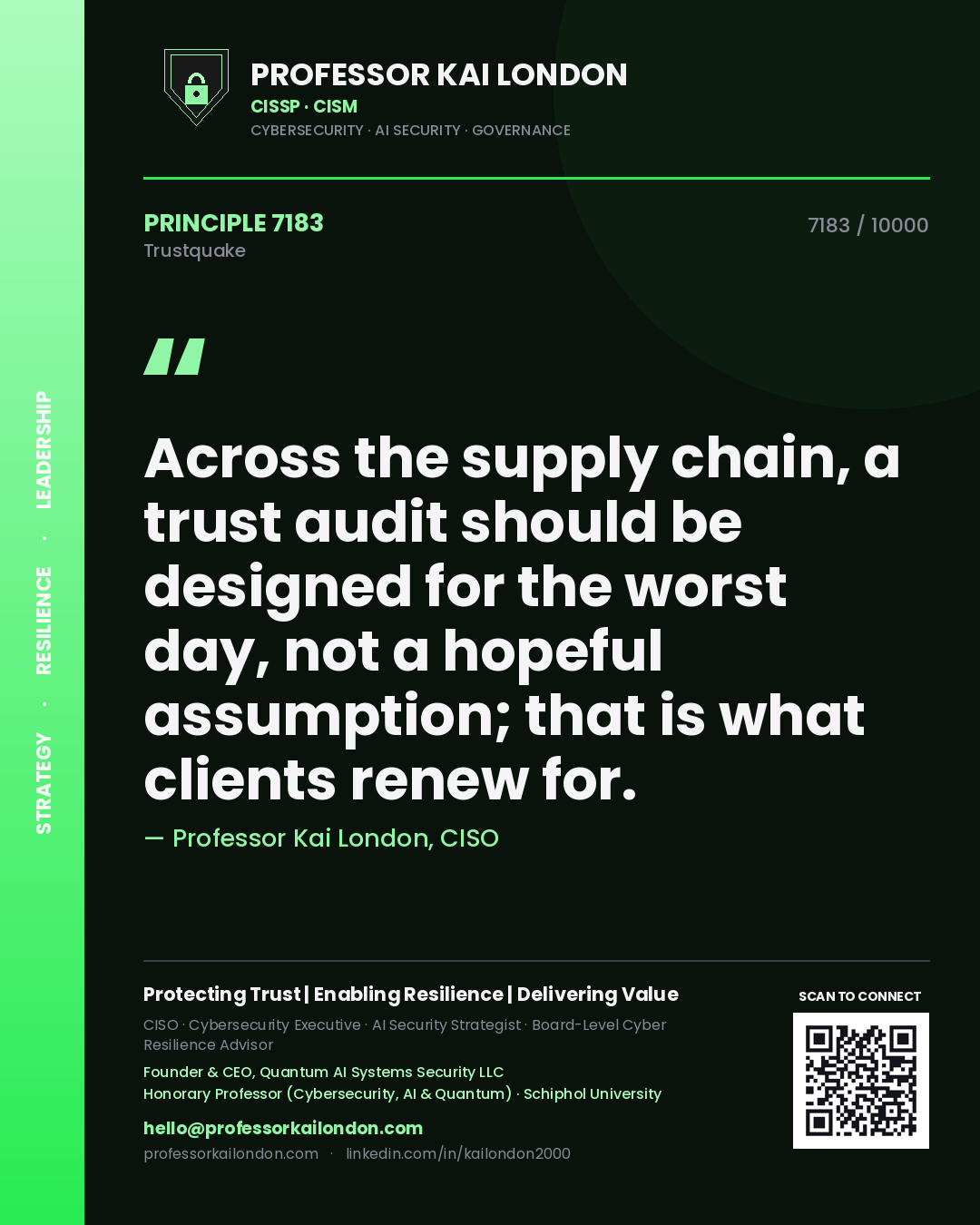 Quote card by Professor Kai London reading 'Across the supply chain, a trust audit should be designed for the worst day, not a hopeful assumption; that is what clients renew for.'. From the book Trustquake.