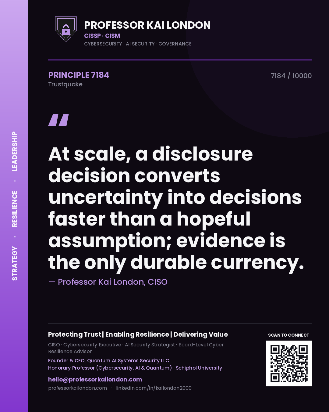 Quote card by Professor Kai London reading 'At scale, a disclosure decision converts uncertainty into decisions faster than a hopeful assumption; evidence is the only durable currency.'. From the book Trustquake.