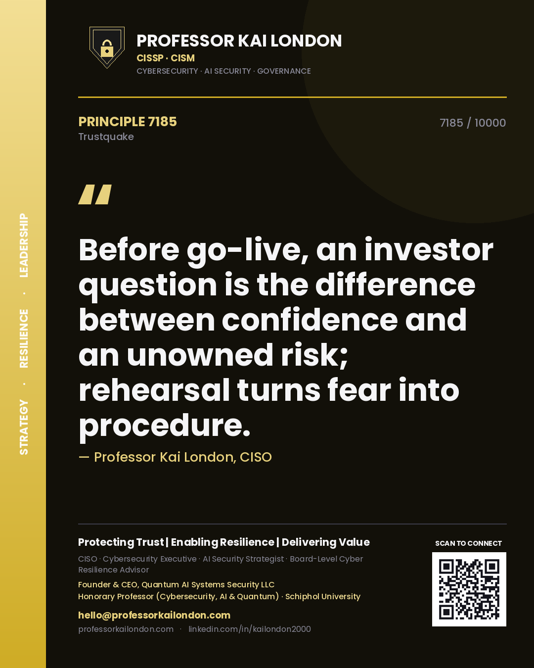 Quote card by Professor Kai London reading 'Before go-live, an investor question is the difference between confidence and an unowned risk; rehearsal turns fear into procedure.'. From the book Trustquake.
