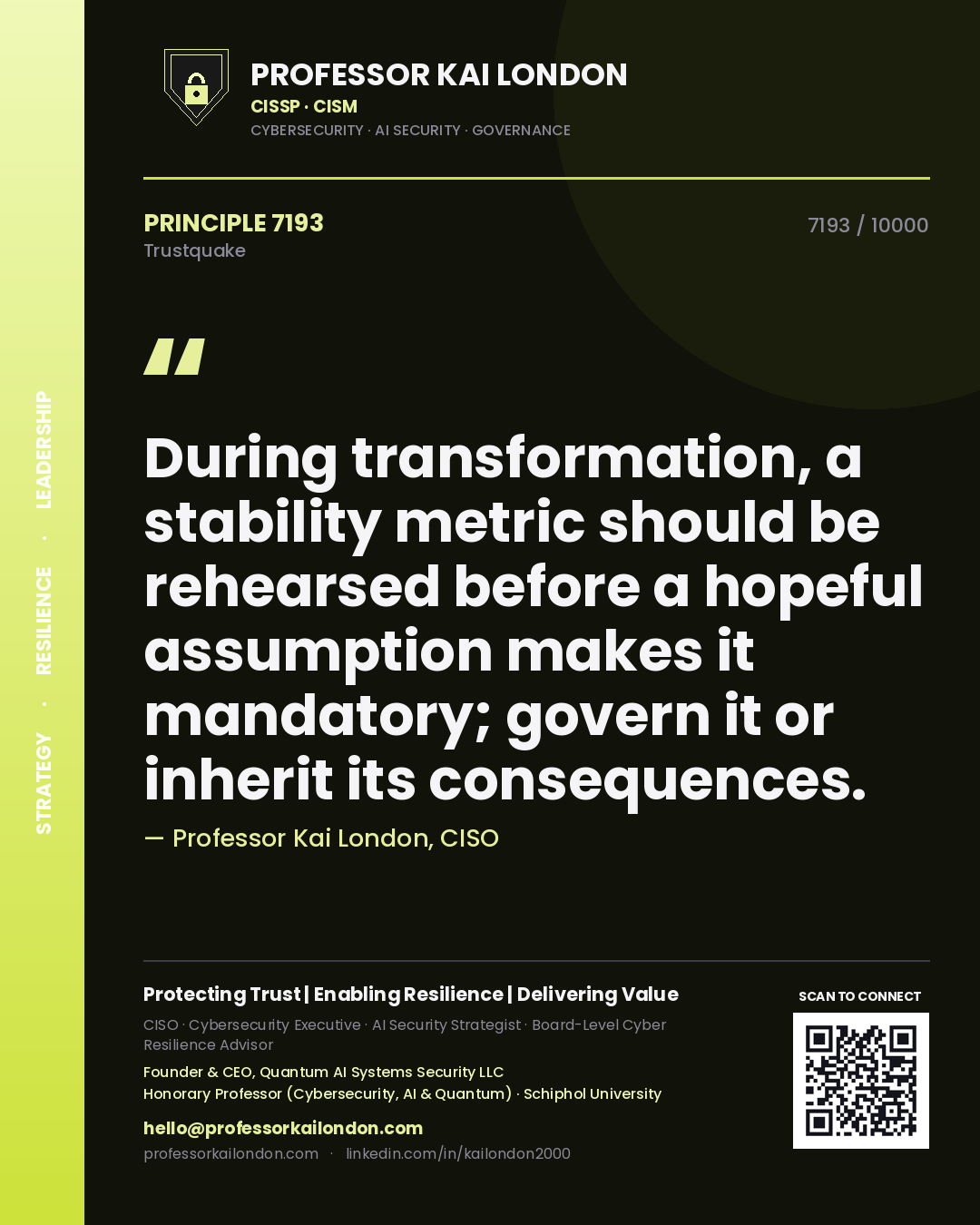 Quote card by Professor Kai London reading 'During transformation, a stability metric should be rehearsed before a hopeful assumption makes it mandatory; govern it or inherit its consequences.'. From the book Trustquake.