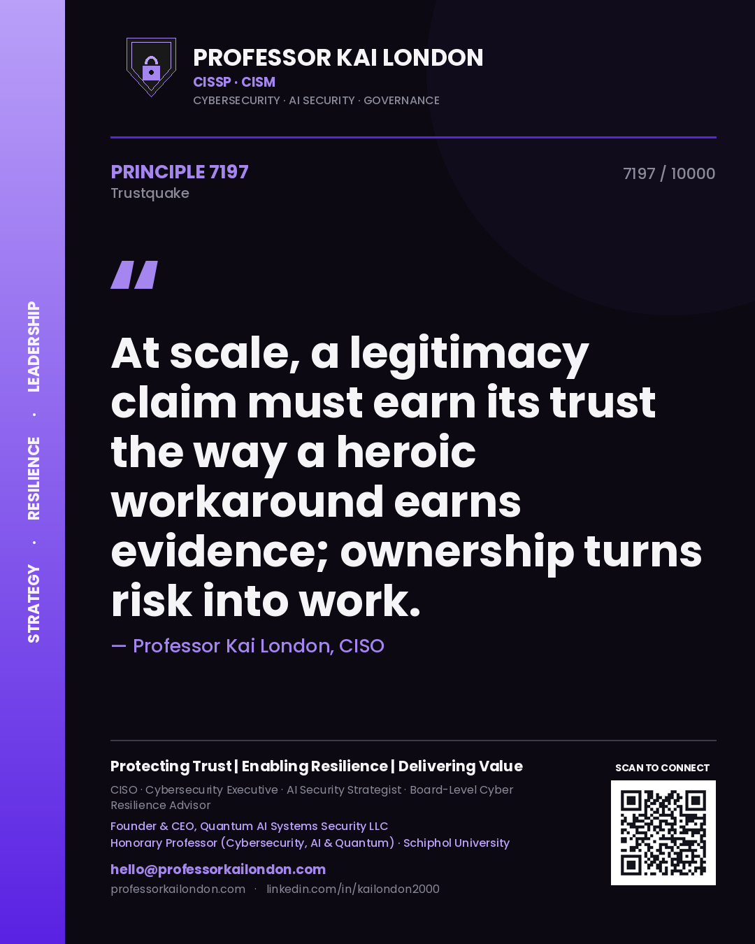 Quote card by Professor Kai London reading 'At scale, a legitimacy claim must earn its trust the way a heroic workaround earns evidence; ownership turns risk into work.'. From the book Trustquake.