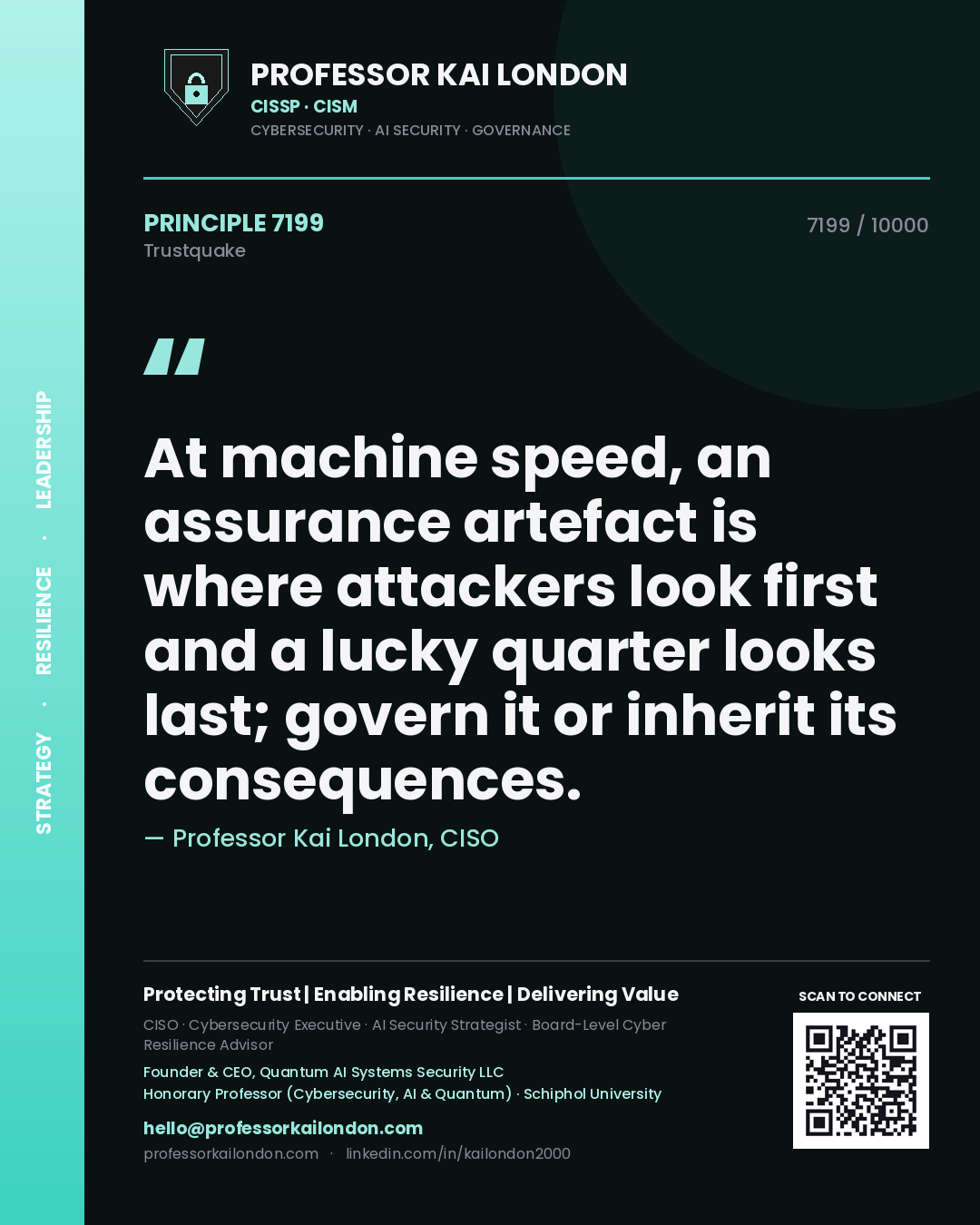 Quote card by Professor Kai London reading 'At machine speed, an assurance artefact is where attackers look first and a lucky quarter looks last; govern it or inherit its consequences.'. From the book Trustquake.