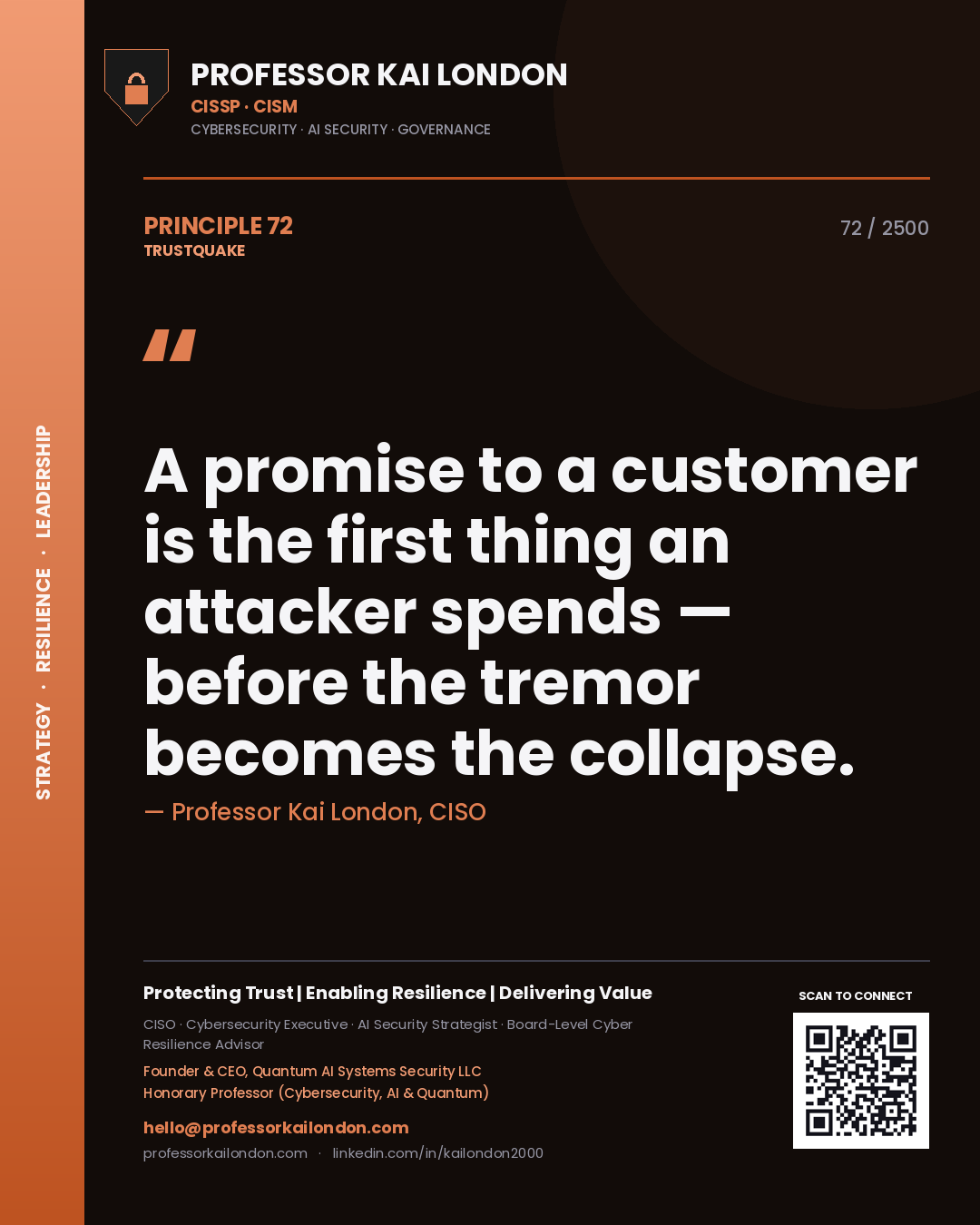 Quote card by Professor Kai London reading 'A promise to a customer is the first thing an attacker spends — before the tremor becomes the collapse.'. From the book Trustquake.