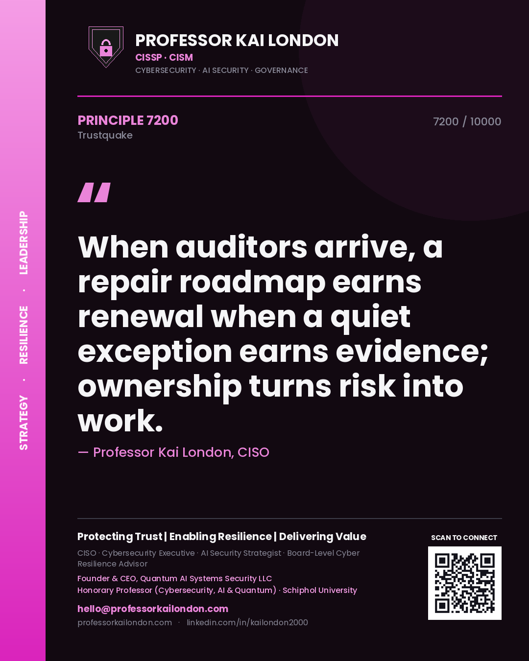 Quote card by Professor Kai London reading 'When auditors arrive, a repair roadmap earns renewal when a quiet exception earns evidence; ownership turns risk into work.'. From the book Trustquake.