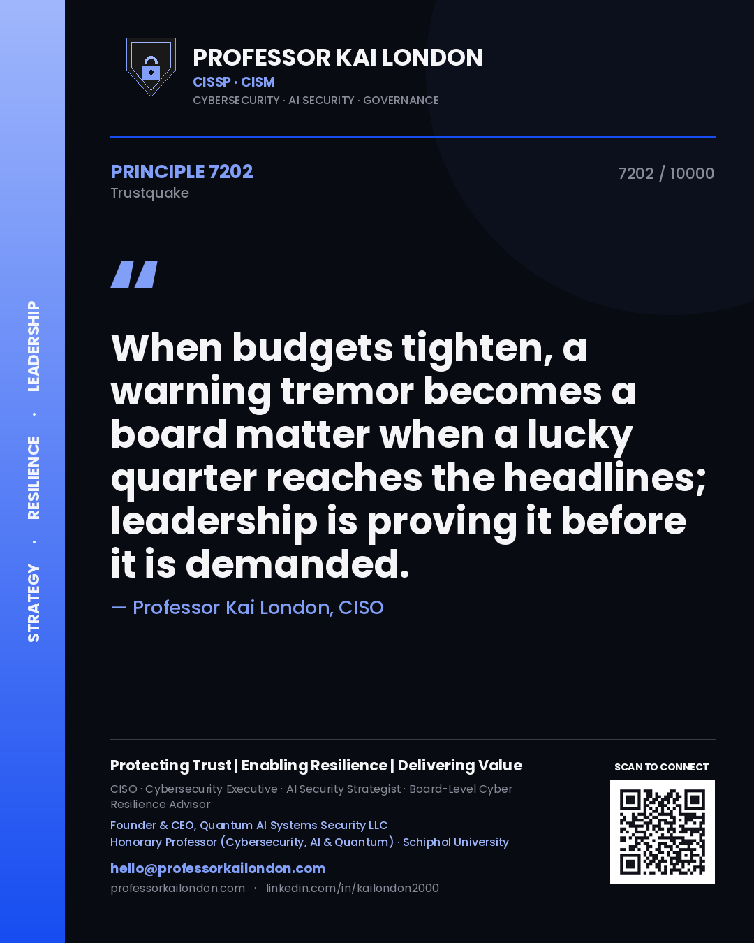 Quote card by Professor Kai London reading 'When budgets tighten, a warning tremor becomes a board matter when a lucky quarter reaches the headlines; leadership is proving it before it is demanded.'. From the book Trustquake.