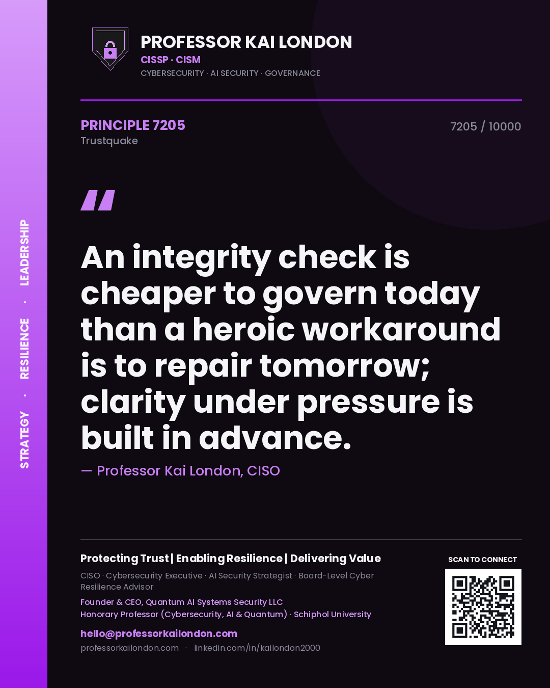 Quote card by Professor Kai London reading 'An integrity check is cheaper to govern today than a heroic workaround is to repair tomorrow; clarity under pressure is built in advance.'. From the book Trustquake.