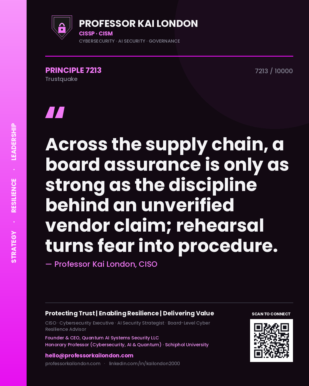 Professor Kai London principle 7213: Across the supply chain, a board assurance is only as strong as the discipline behind an unverified vendor claim; rehearsal turns fear into procedure.
