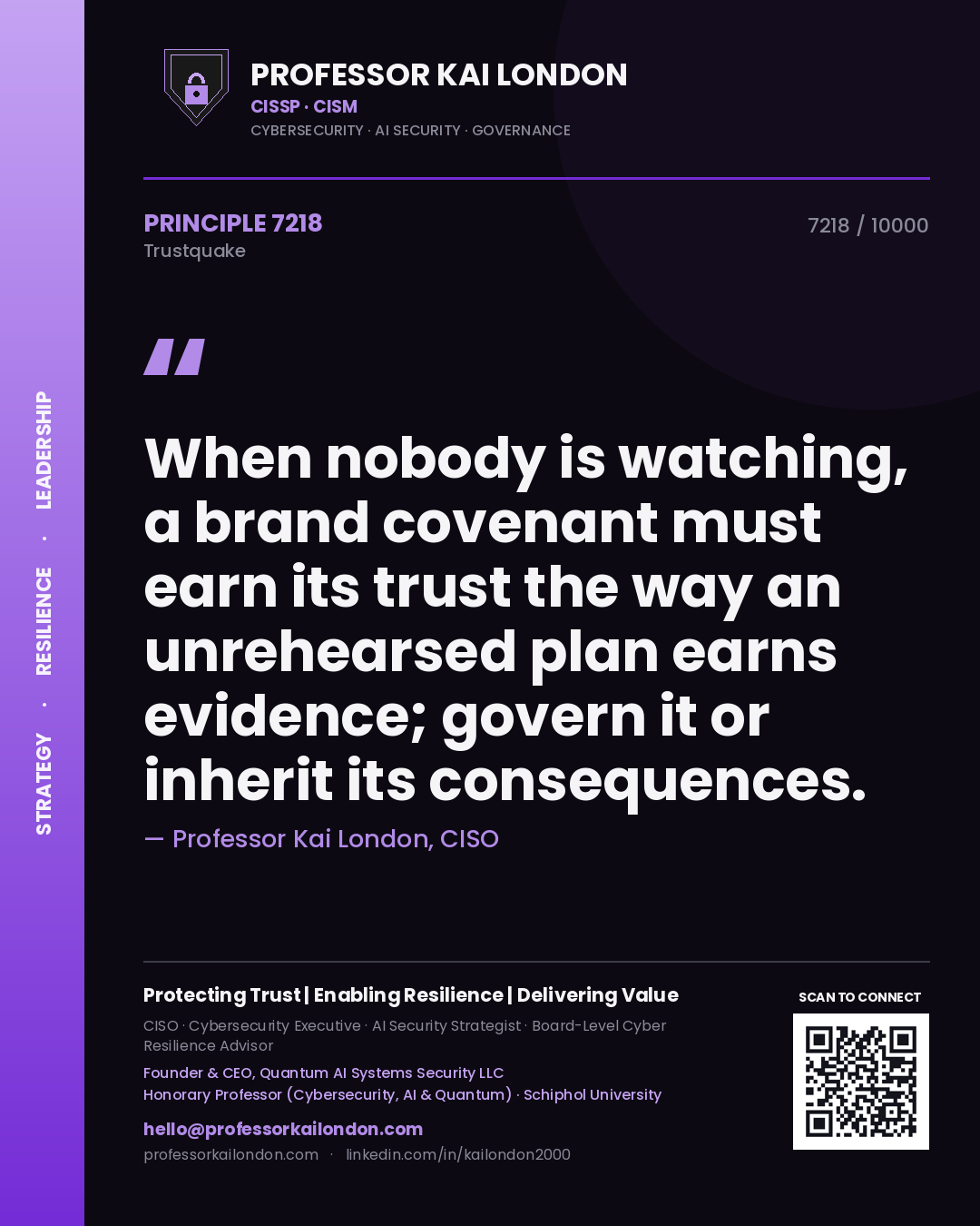 Quote card by Professor Kai London reading 'When nobody is watching, a brand covenant must earn its trust the way an unrehearsed plan earns evidence; govern it or inherit its consequences.'. From the book Trustquake.