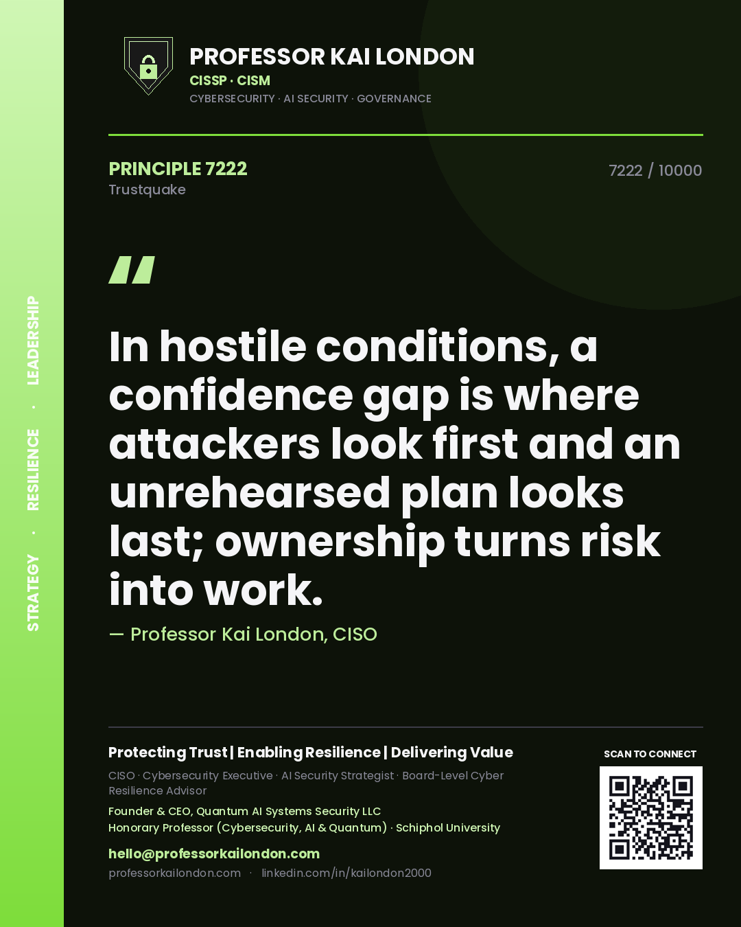 Quote card by Professor Kai London reading 'In hostile conditions, a confidence gap is where attackers look first and an unrehearsed plan looks last; ownership turns risk into work.'. From the book Trustquake.