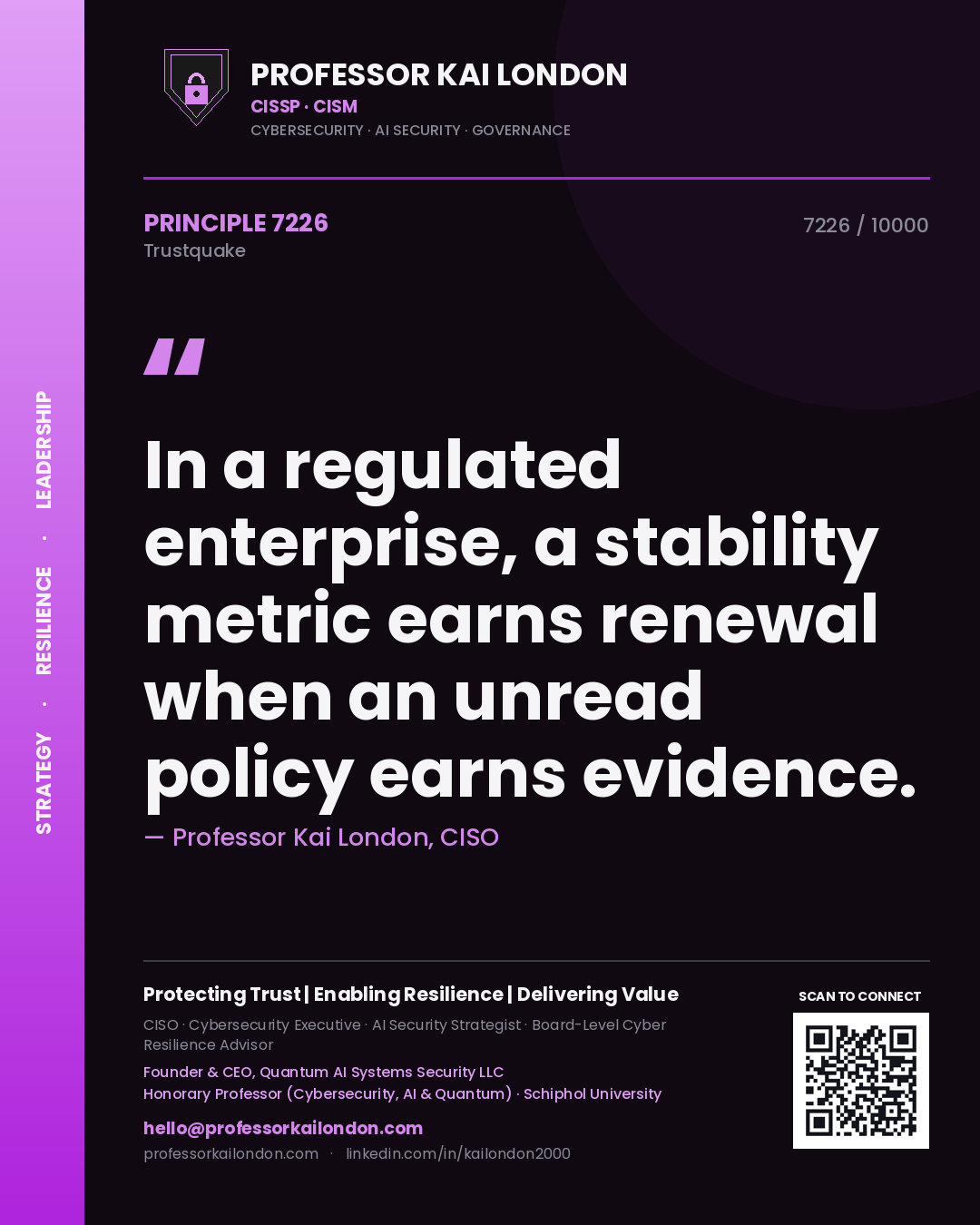Professor Kai London principle 7226: In a regulated enterprise, a stability metric earns renewal when an unread policy earns evidence.