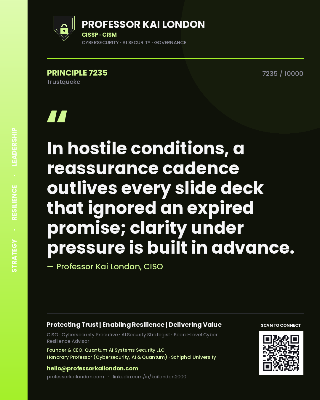 Quote card by Professor Kai London reading 'In hostile conditions, a reassurance cadence outlives every slide deck that ignored an expired promise; clarity under pressure is built in advance.'. From the book Trustquake.