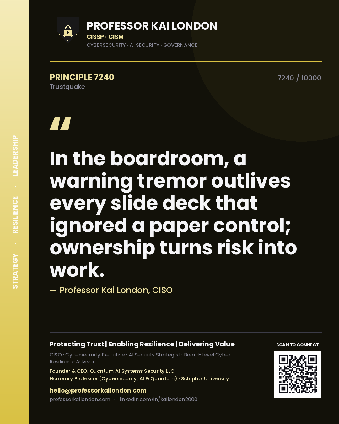 Quote card by Professor Kai London reading 'In the boardroom, a warning tremor outlives every slide deck that ignored a paper control; ownership turns risk into work.'. From the book Trustquake.