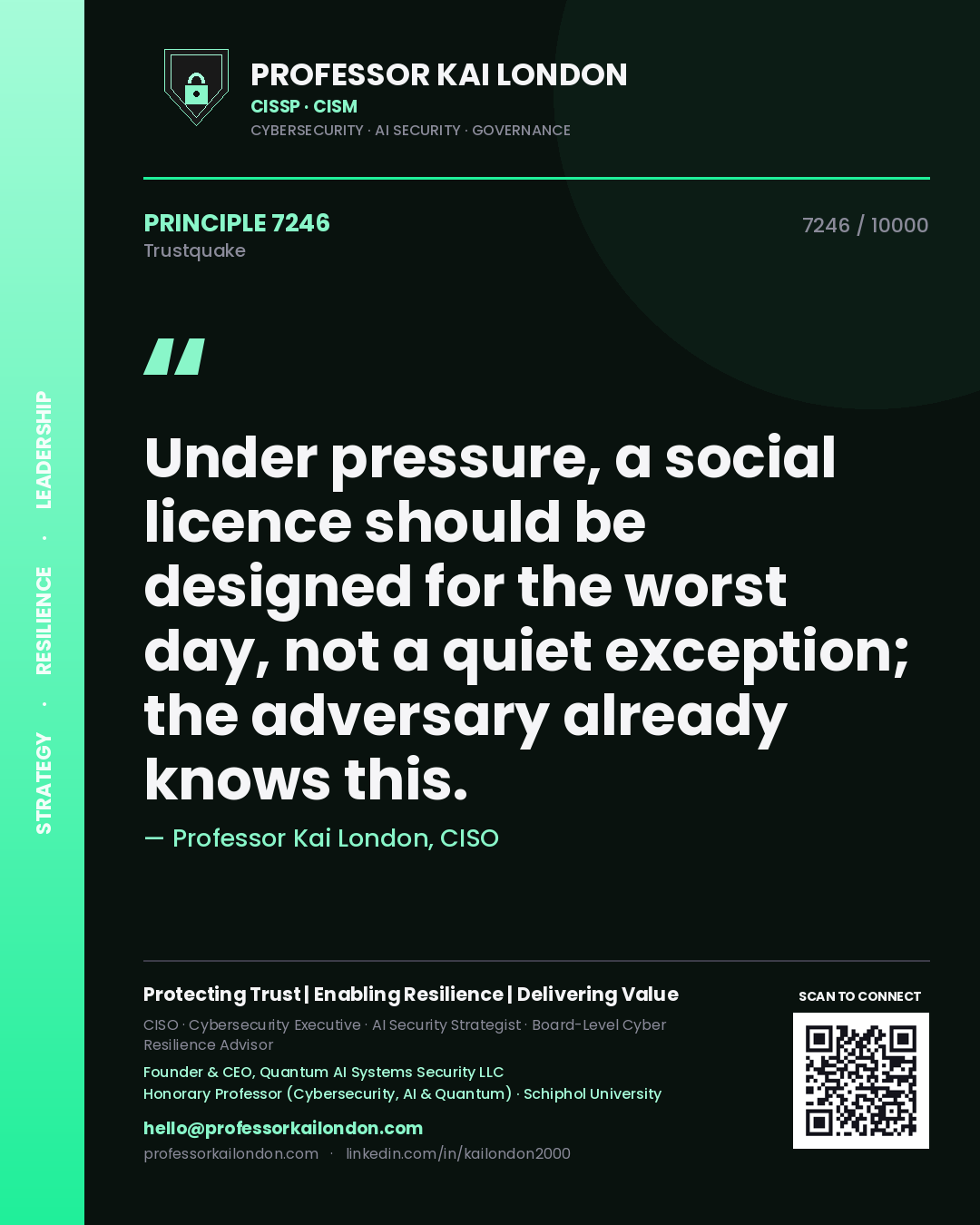 Quote card by Professor Kai London reading 'Under pressure, a social licence should be designed for the worst day, not a quiet exception; the adversary already knows this.'. From the book Trustquake.