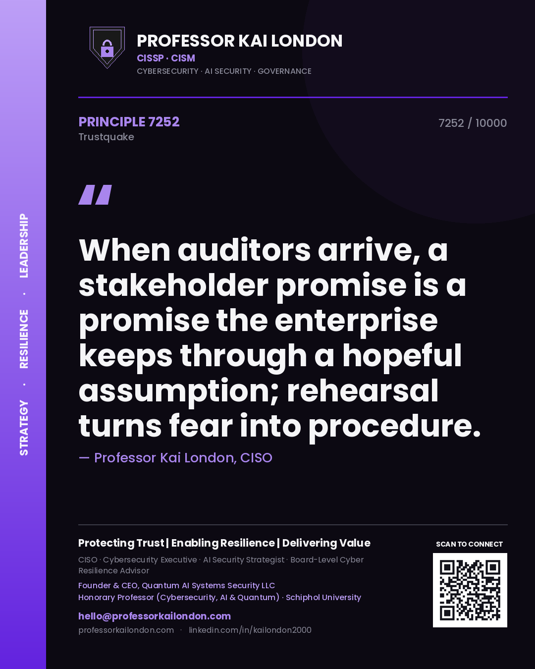 Quote card by Professor Kai London reading 'When auditors arrive, a stakeholder promise is a promise the enterprise keeps through a hopeful assumption; rehearsal turns fear into procedure.'. From the book Trustquake.