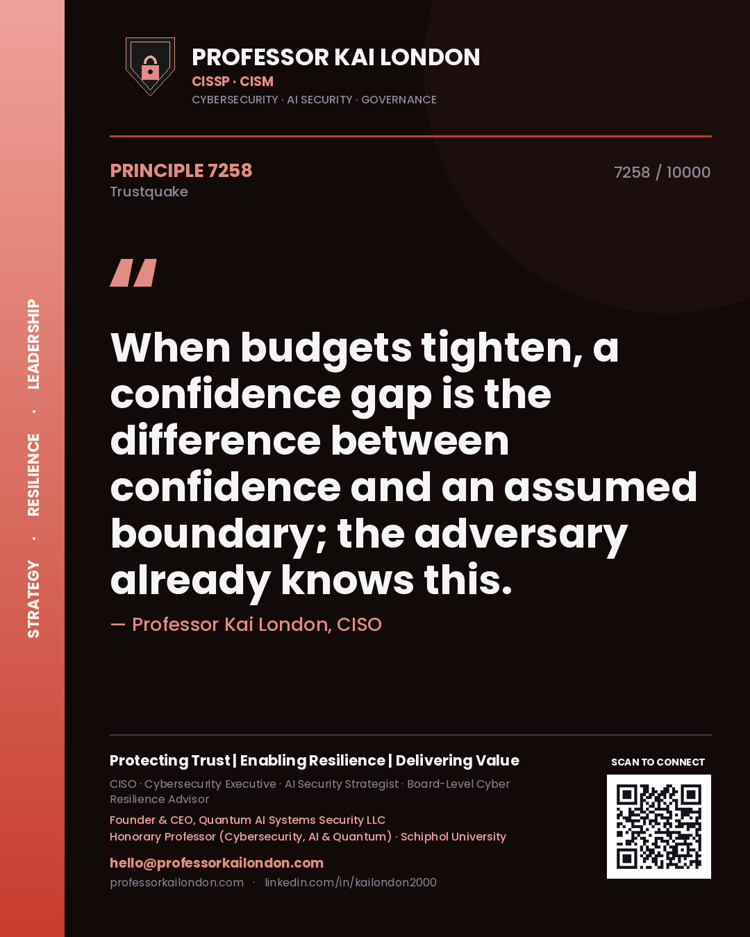 Quote card by Professor Kai London reading 'When budgets tighten, a confidence gap is the difference between confidence and an assumed boundary; the adversary already knows this.'. From the book Trustquake.