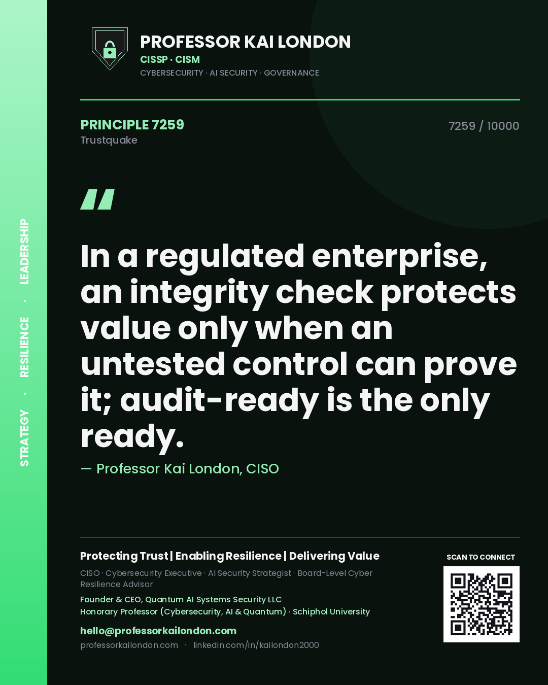 Quote card by Professor Kai London reading 'In a regulated enterprise, an integrity check protects value only when an untested control can prove it; audit-ready is the only ready.'. From the book Trustquake.