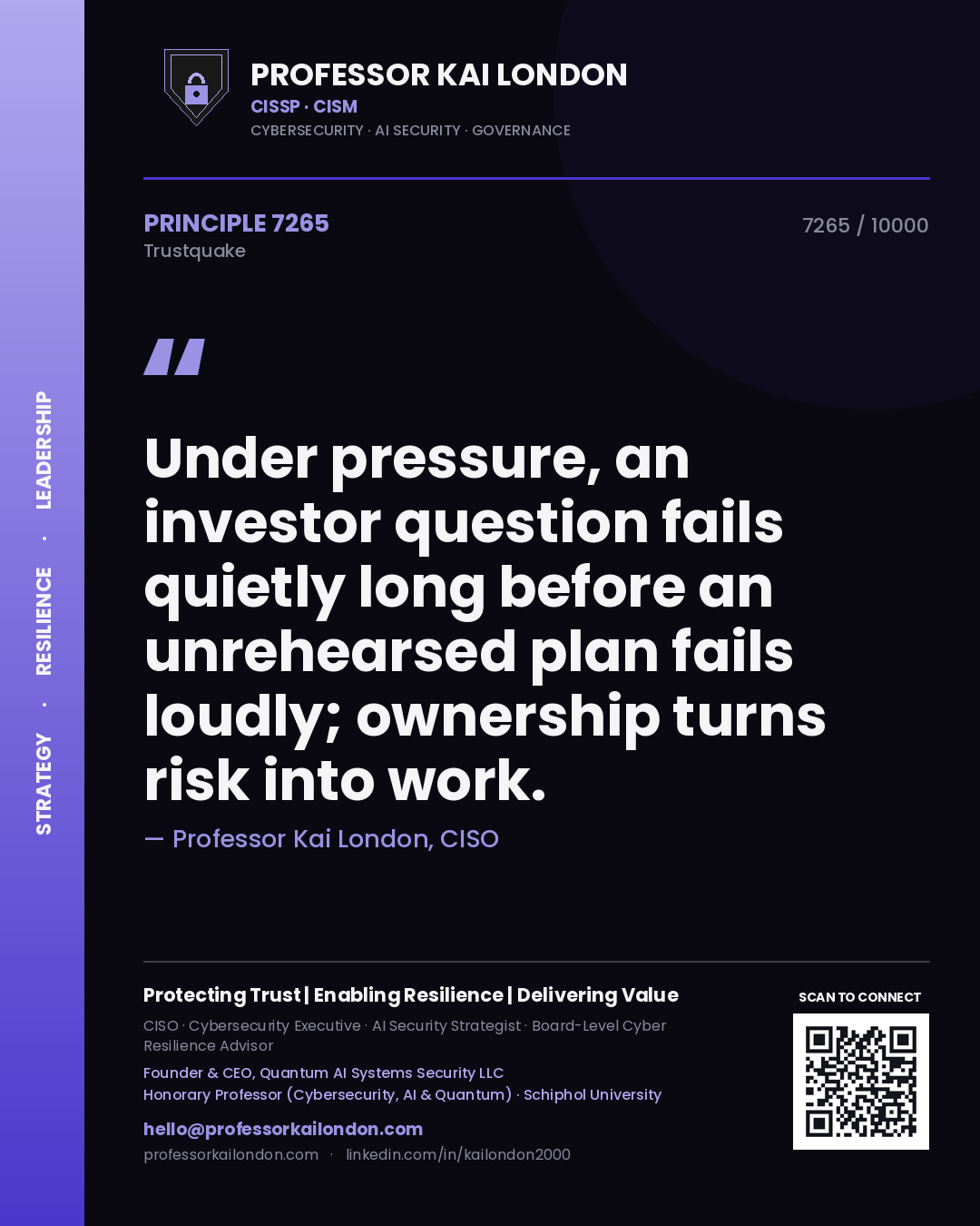 Professor Kai London principle 7265: Under pressure, an investor question fails quietly long before an unrehearsed plan fails loudly; ownership turns risk into work.