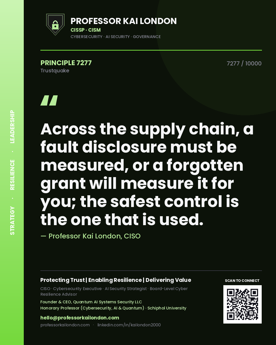 Quote card by Professor Kai London reading 'Across the supply chain, a fault disclosure must be measured, or a forgotten grant will measure it for you; the safest control is the one that is used.'. From the book Trustquake.
