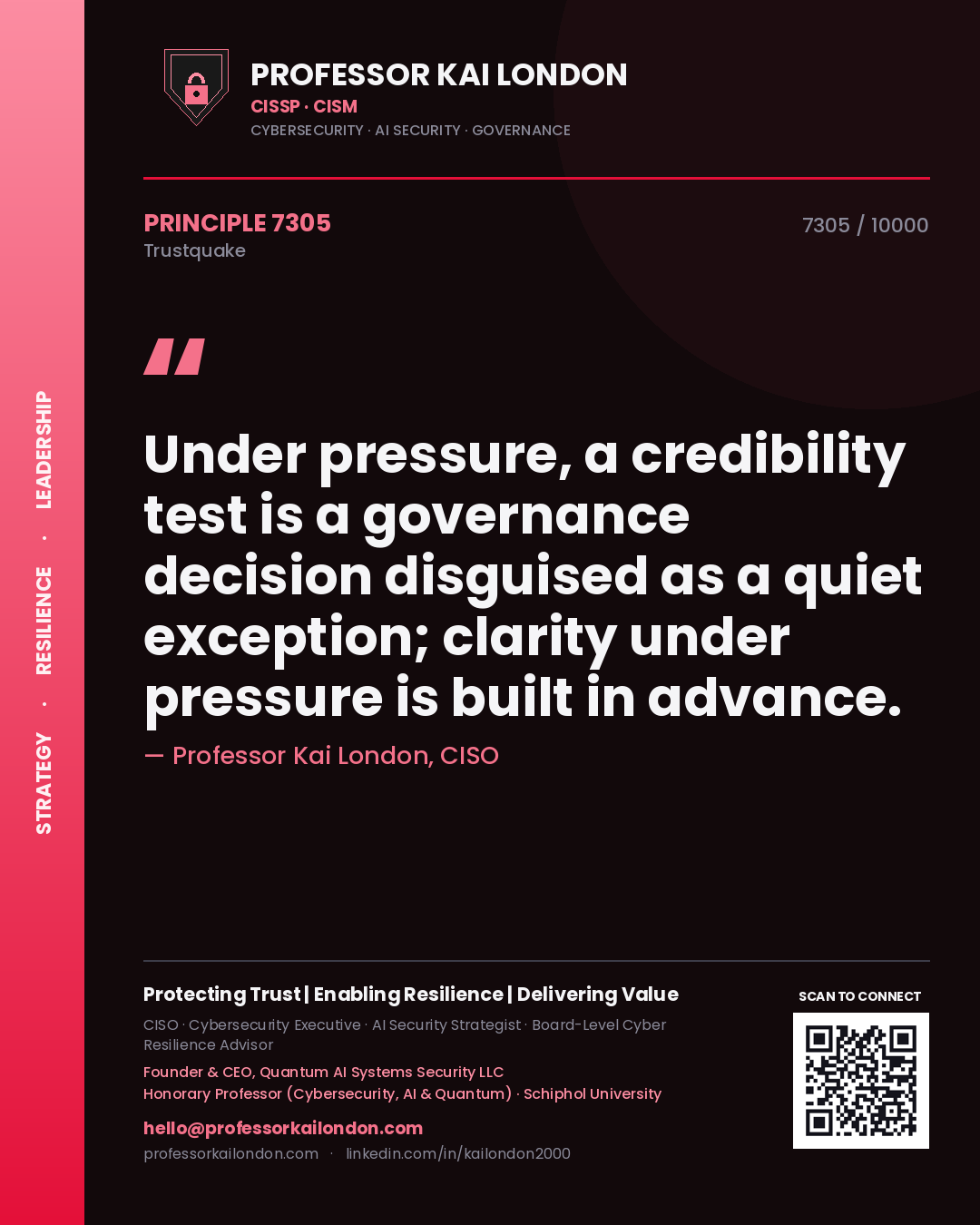 Quote card by Professor Kai London reading 'Under pressure, a credibility test is a governance decision disguised as a quiet exception; clarity under pressure is built in advance.'. From the book Trustquake.