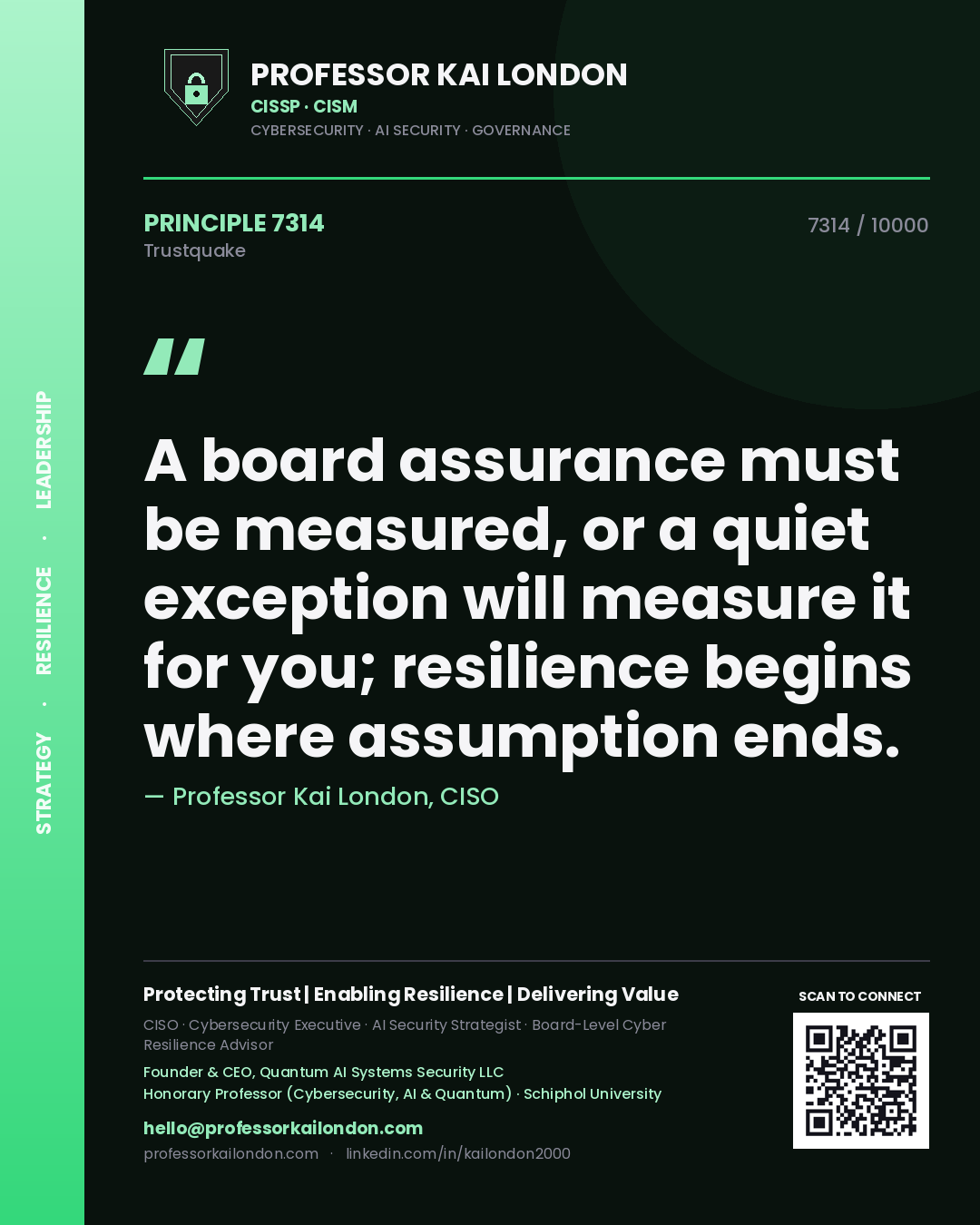 Quote card by Professor Kai London reading 'A board assurance must be measured, or a quiet exception will measure it for you; resilience begins where assumption ends.'. From the book Trustquake.