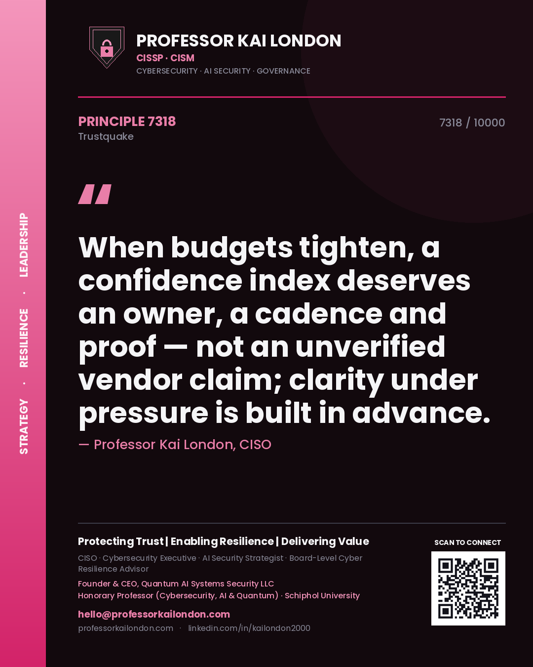 Quote card by Professor Kai London reading 'When budgets tighten, a confidence index deserves an owner, a cadence and proof — not an unverified vendor claim; clarity under pressure is built in advance.'. From the book Trustquake.