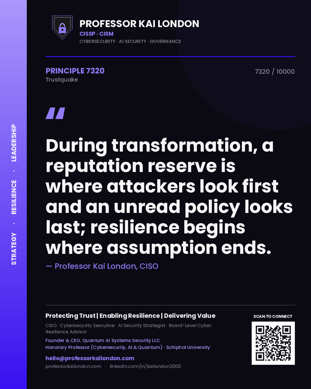 Professor Kai London principle 7320: During transformation, a reputation reserve is where attackers look first and an unread policy looks last; resilience begins where assumption ends.