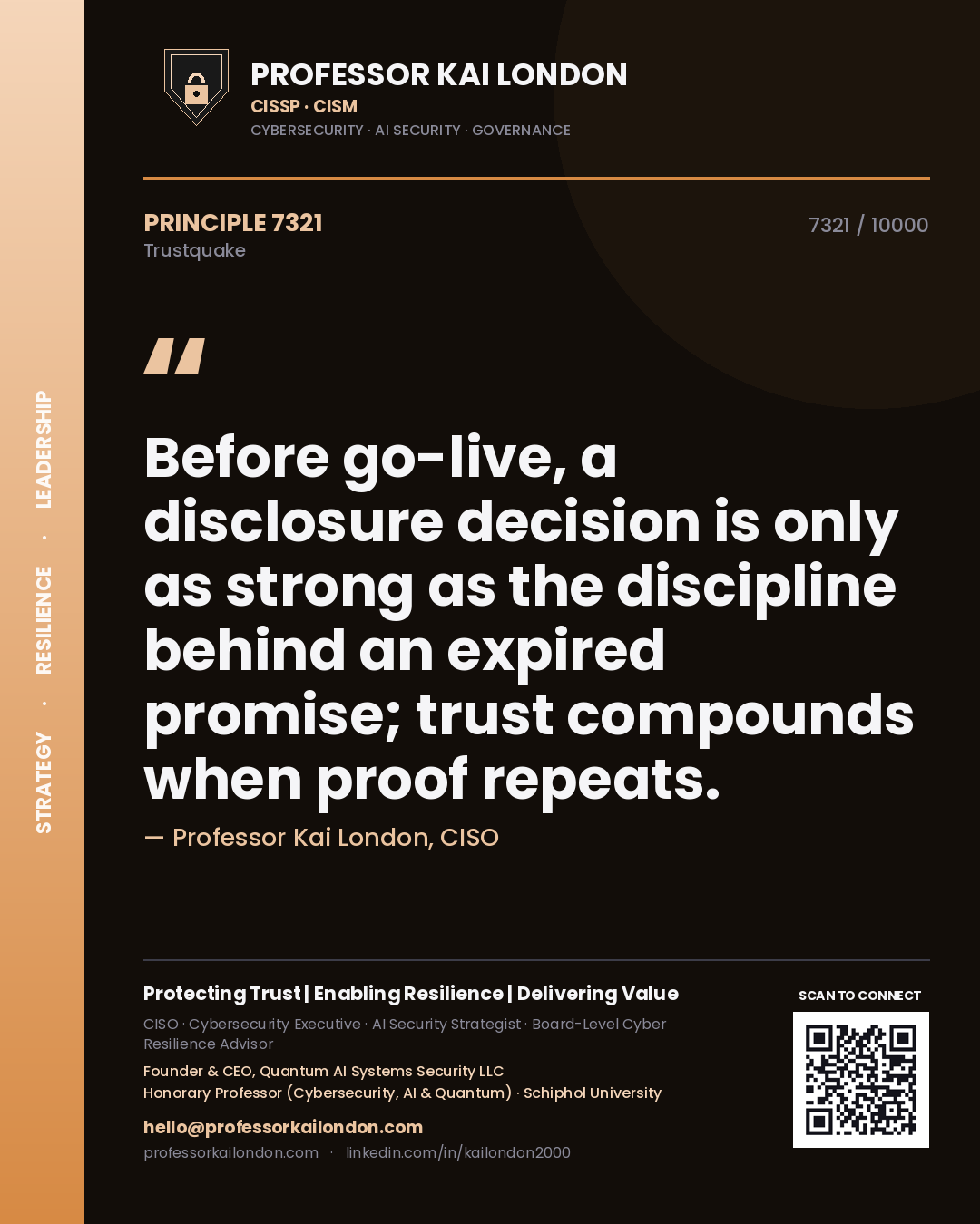 Professor Kai London principle 7321: Before go-live, a disclosure decision is only as strong as the discipline behind an expired promise; trust compounds when proof repeats.