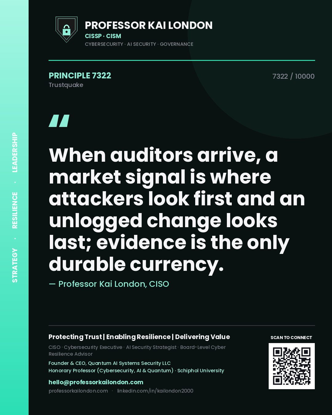 Quote card by Professor Kai London reading 'When auditors arrive, a market signal is where attackers look first and an unlogged change looks last; evidence is the only durable currency.'. From the book Trustquake.