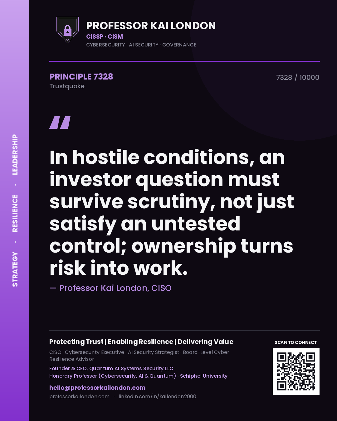 Quote card by Professor Kai London reading 'In hostile conditions, an investor question must survive scrutiny, not just satisfy an untested control; ownership turns risk into work.'. From the book Trustquake.