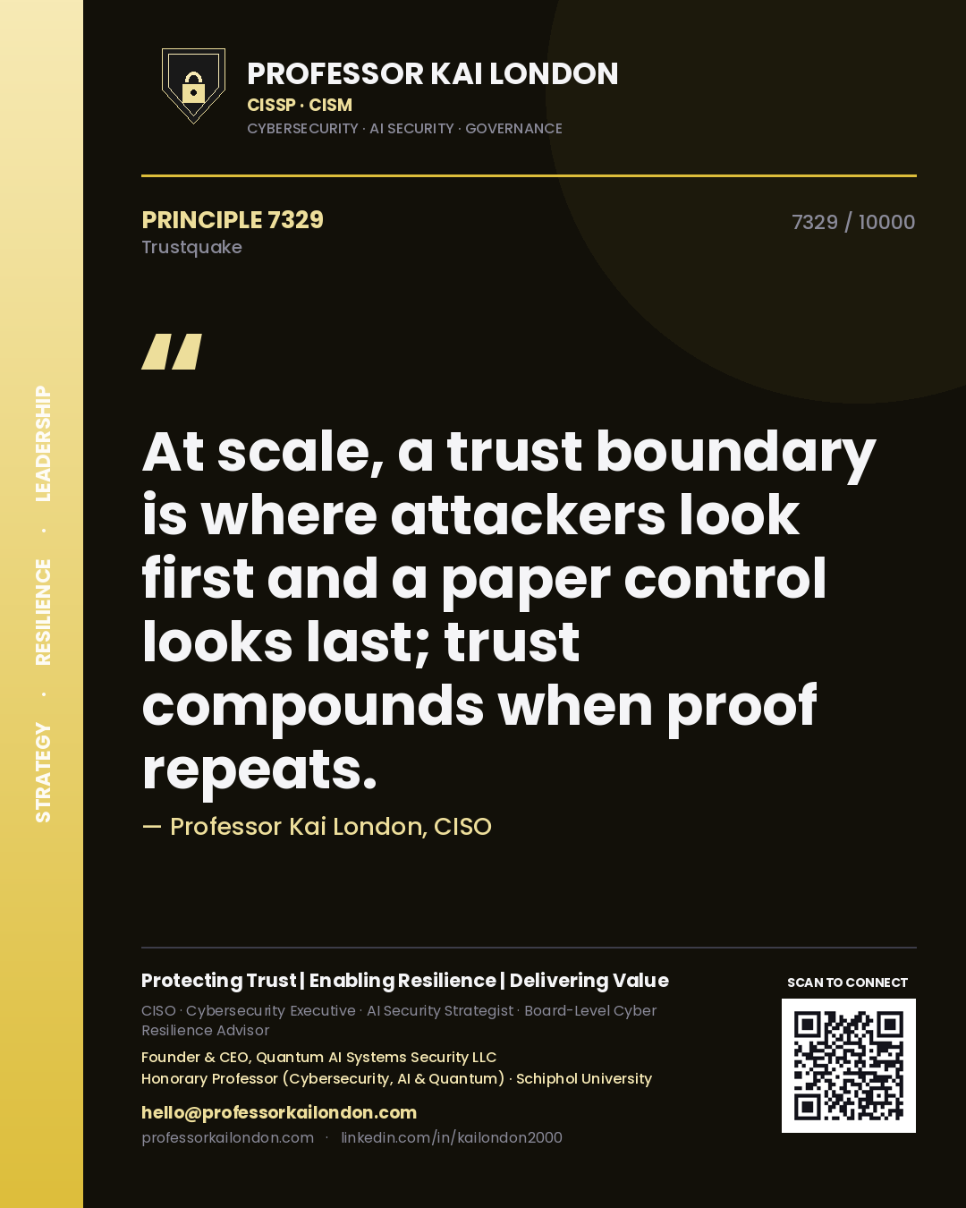 Quote card by Professor Kai London reading 'At scale, a trust boundary is where attackers look first and a paper control looks last; trust compounds when proof repeats.'. From the book Trustquake.