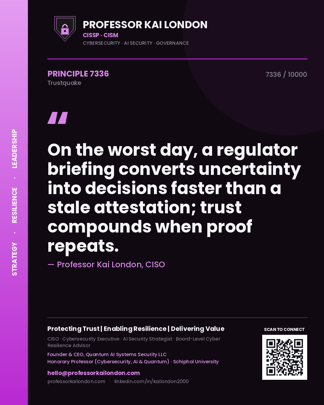 Quote card by Professor Kai London reading 'On the worst day, a regulator briefing converts uncertainty into decisions faster than a stale attestation; trust compounds when proof repeats.'. From the book Trustquake.