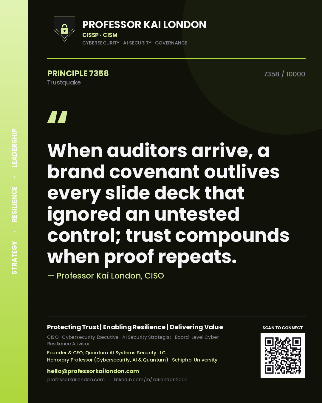 Quote card by Professor Kai London reading 'When auditors arrive, a brand covenant outlives every slide deck that ignored an untested control; trust compounds when proof repeats.'. From the book Trustquake.