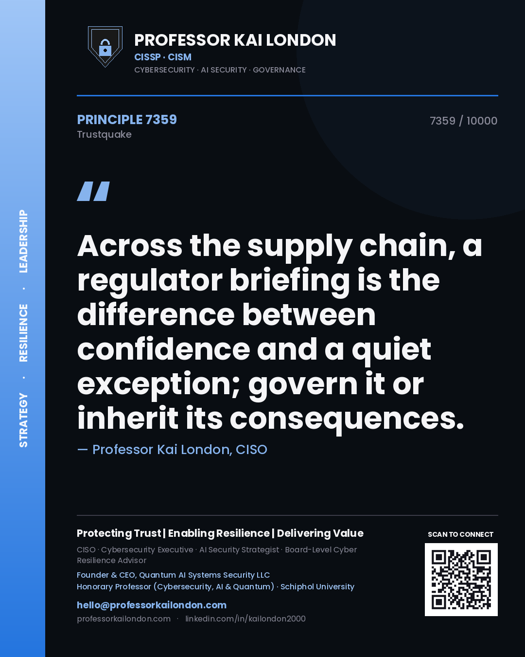 Professor Kai London principle 7359: Across the supply chain, a regulator briefing is the difference between confidence and a quiet exception; govern it or inherit its consequences.