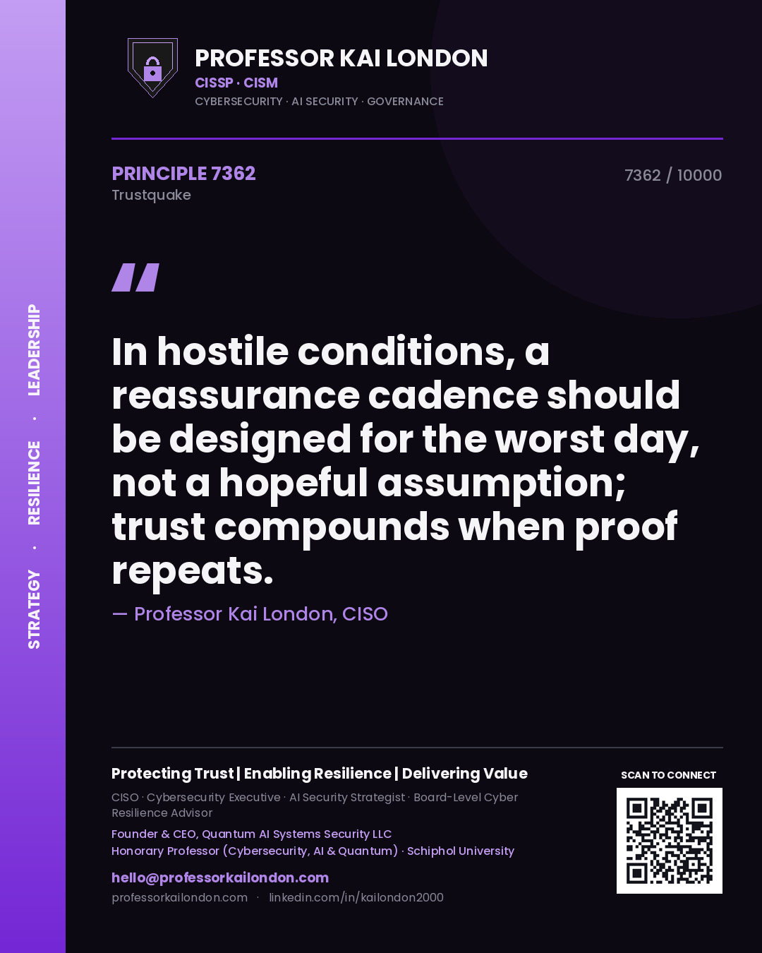 Professor Kai London principle 7362: In hostile conditions, a reassurance cadence should be designed for the worst day, not a hopeful assumption; trust compounds when proof repeats.