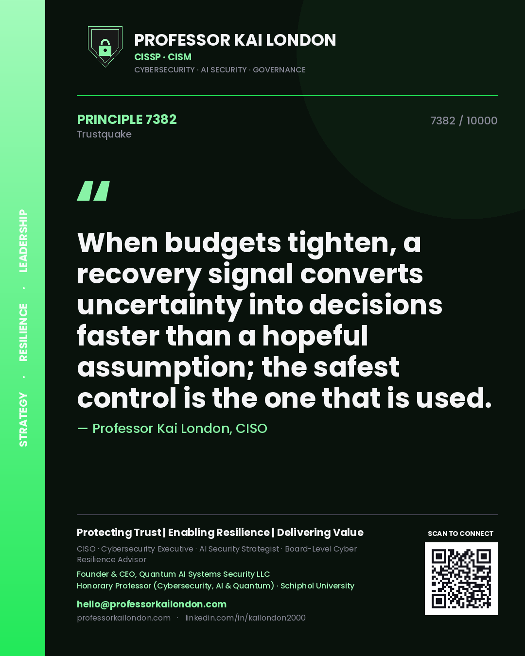 Quote card by Professor Kai London reading 'When budgets tighten, a recovery signal converts uncertainty into decisions faster than a hopeful assumption; the safest control is the one that is used.'. From the book Trustquake.