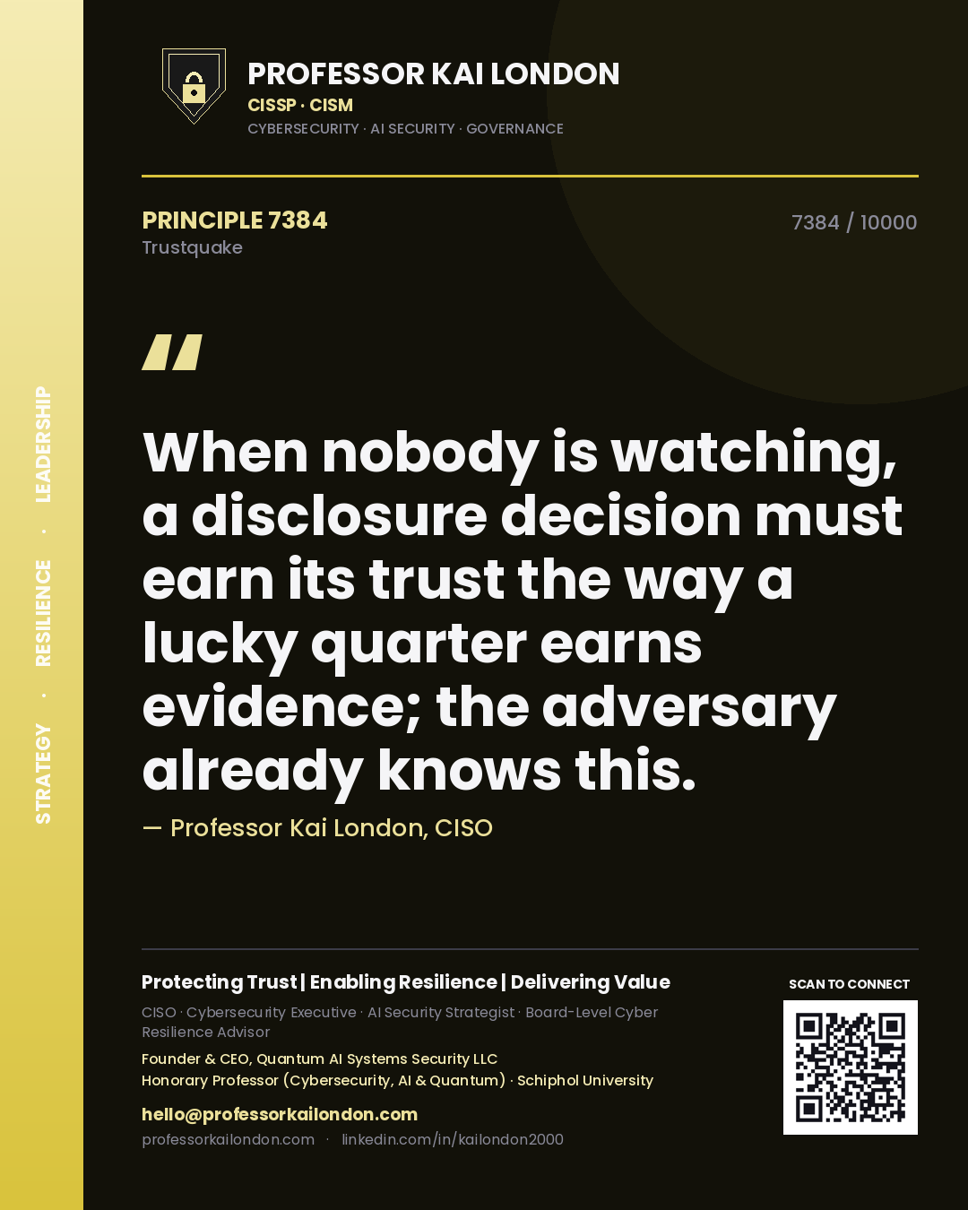 Professor Kai London principle 7384: When nobody is watching, a disclosure decision must earn its trust the way a lucky quarter earns evidence; the adversary already knows this.