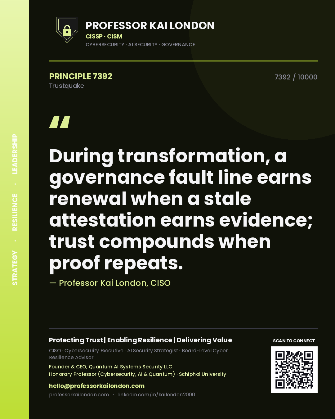 Quote card by Professor Kai London reading 'During transformation, a governance fault line earns renewal when a stale attestation earns evidence; trust compounds when proof repeats.'. From the book Trustquake.