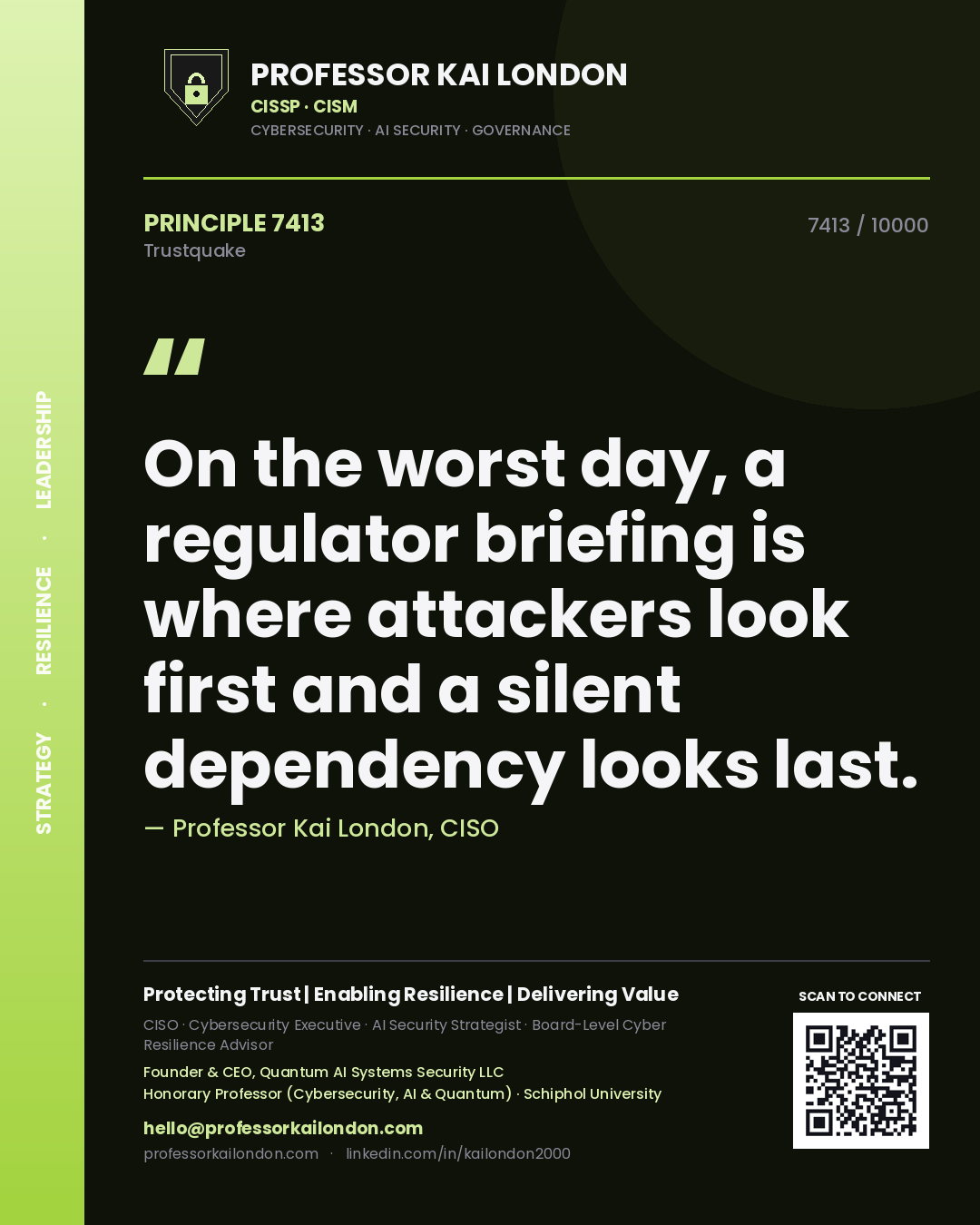 Quote card by Professor Kai London reading 'On the worst day, a regulator briefing is where attackers look first and a silent dependency looks last.'. From the book Trustquake.