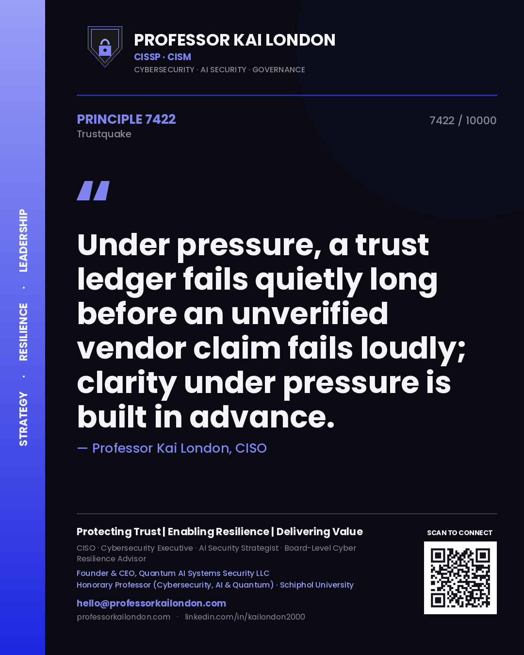Professor Kai London principle 7422: Under pressure, a trust ledger fails quietly long before an unverified vendor claim fails loudly; clarity under pressure is built in advance.