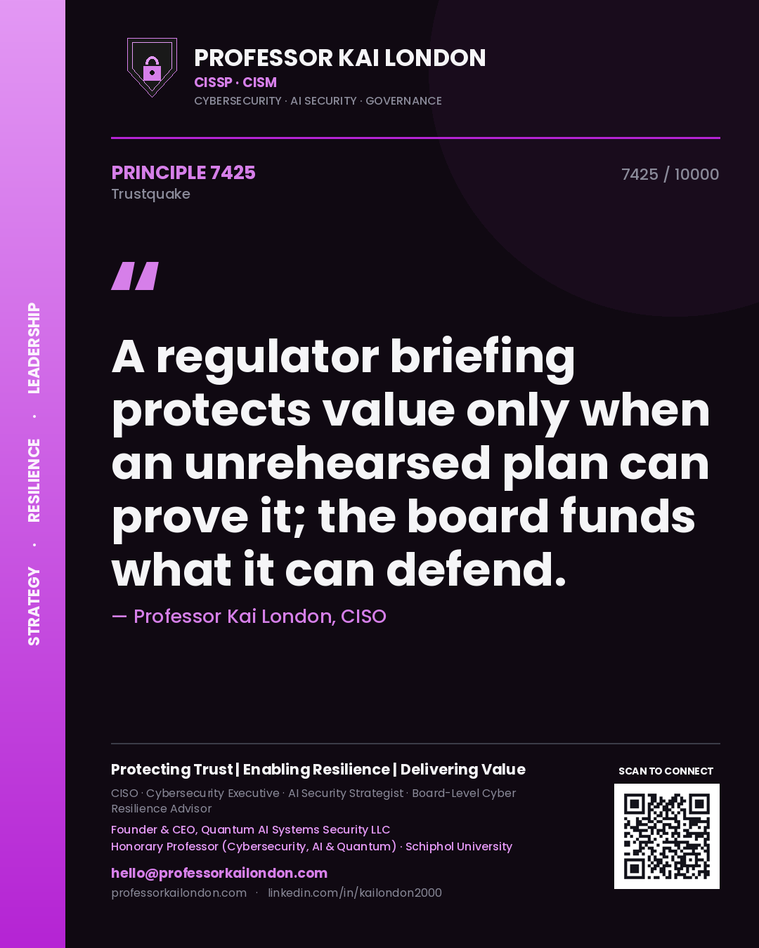 Quote card by Professor Kai London reading 'A regulator briefing protects value only when an unrehearsed plan can prove it; the board funds what it can defend.'. From the book Trustquake.