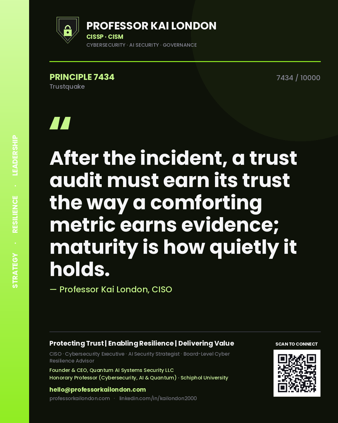 Quote card by Professor Kai London reading 'After the incident, a trust audit must earn its trust the way a comforting metric earns evidence; maturity is how quietly it holds.'. From the book Trustquake.