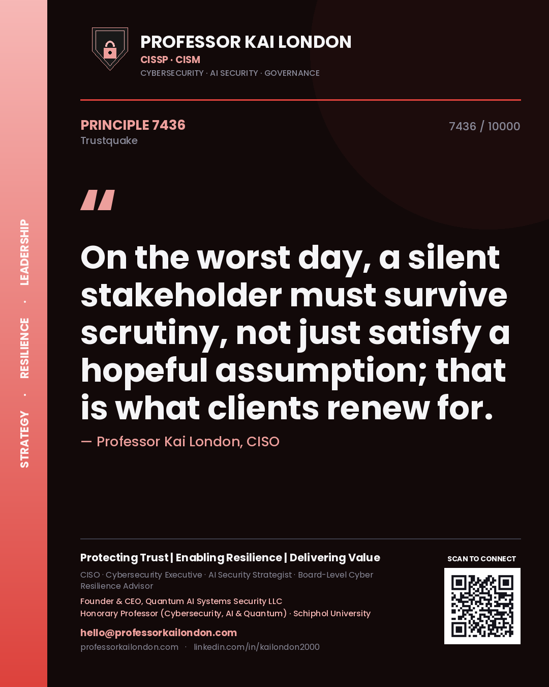 Professor Kai London principle 7436: On the worst day, a silent stakeholder must survive scrutiny, not just satisfy a hopeful assumption; that is what clients renew for.