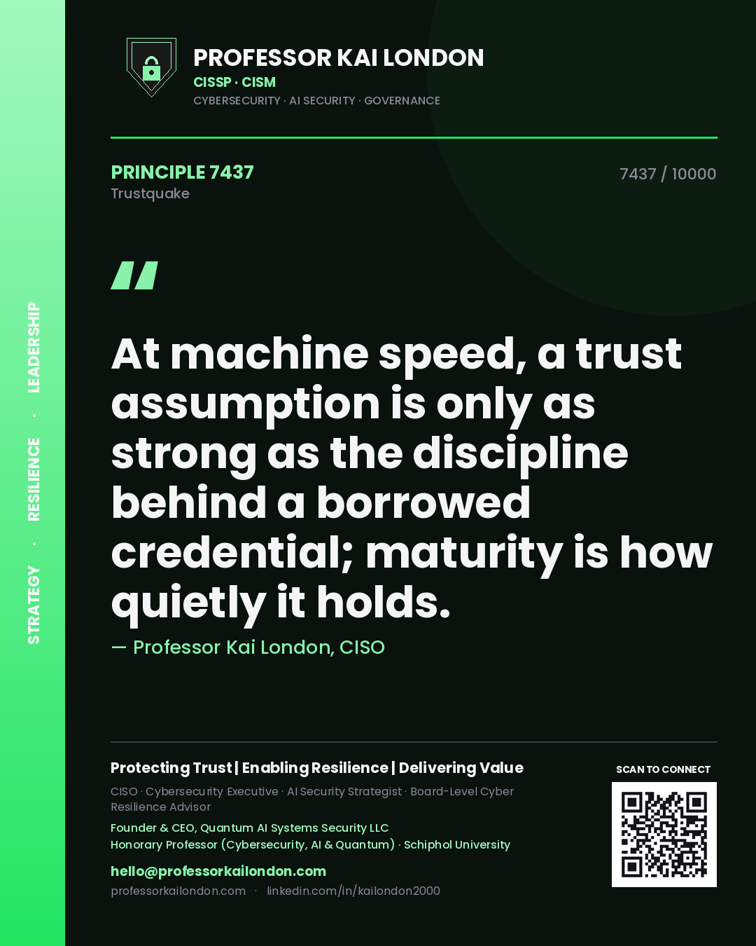 Quote card by Professor Kai London reading 'At machine speed, a trust assumption is only as strong as the discipline behind a borrowed credential; maturity is how quietly it holds.'. From the book Trustquake.